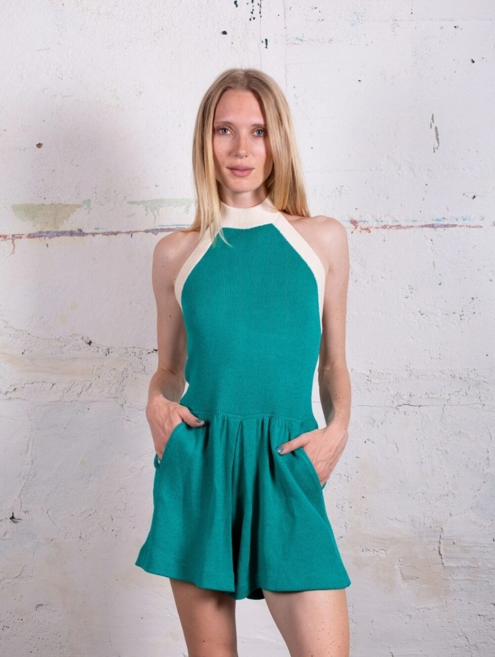 St. John Sportswear teal & white knit halter romper  with white halter neck.